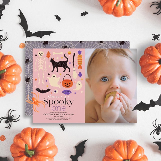Spooky One Halloween Pink 1st Birthday Photo Invitation (Creator Uploaded)