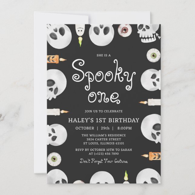 Spooky One Halloween Skulls Kids 1st Birthday Invitation (Front)