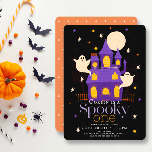 Spooky One Haunted House Ghosts Black 1st Birthday Invitation