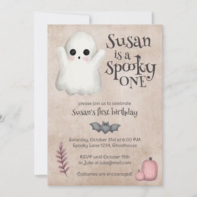Spooky One Kawaii Ghost Halloween Birthday Invitation (Front)