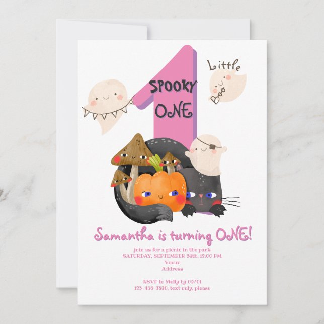 Spooky ONE Little Boo Halloween Girls 1st Birthday Invitation (Front)