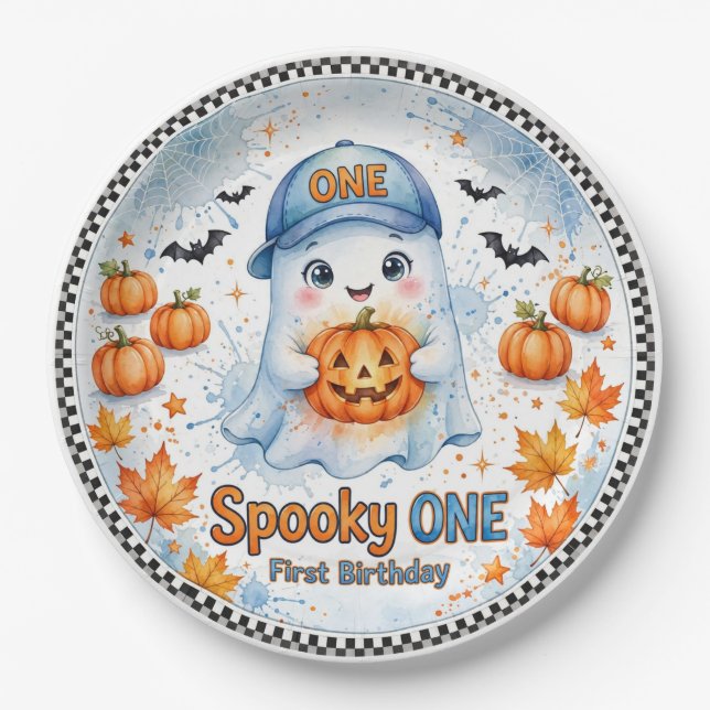 Spooky ONE Paper Plates | Blue Ghost First Birthda (Front)