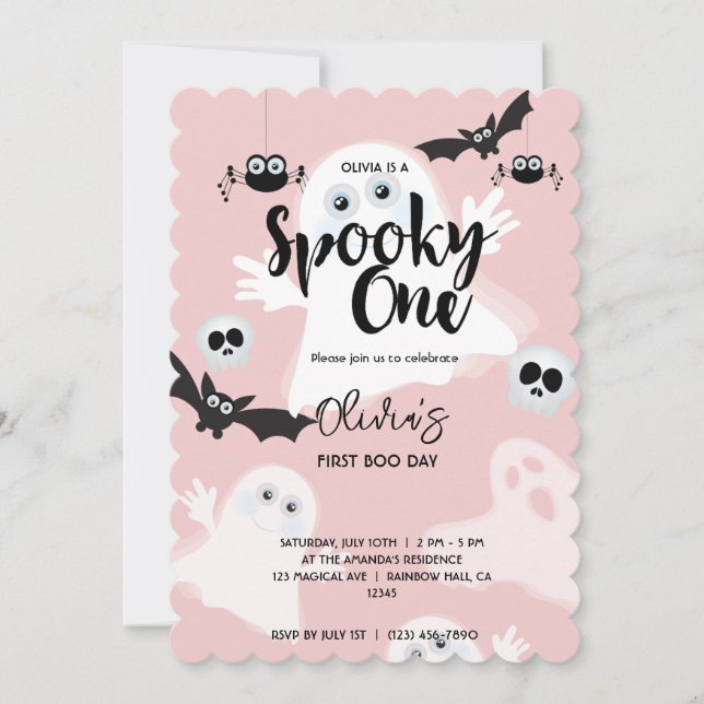 Spooky One Pink 1st Birthday Ghost Girls Halloween Invitation (Front)