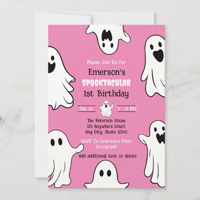 Spooky One Pink Ghost Birthday Invitation (Front)