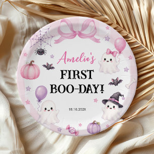Spooky One Pink Ghost Halloween Birthday Party Paper Plate
