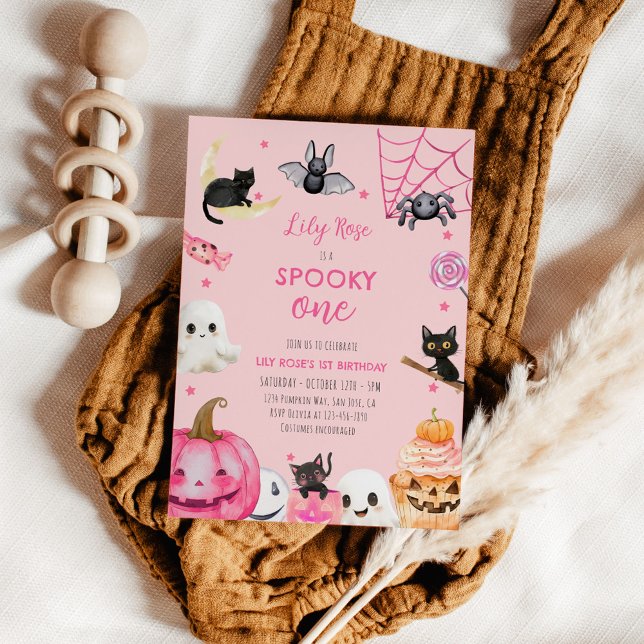 Spooky One Pink Halloween Cute Ghost 1st Birthday Invitation (Creator Uploaded)