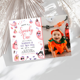 Spooky One Pink Halloween Ghost 1st Photo Birthday Invitation