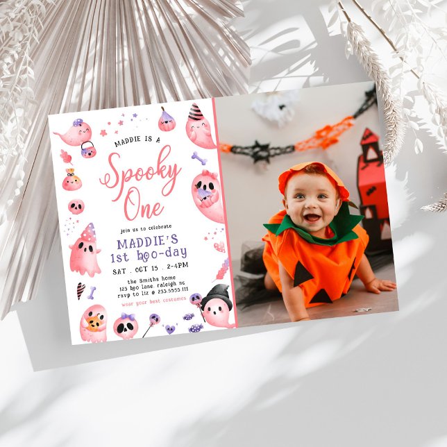 Spooky One Pink Halloween Ghost 1st Photo Birthday Invitation (Creator Uploaded)