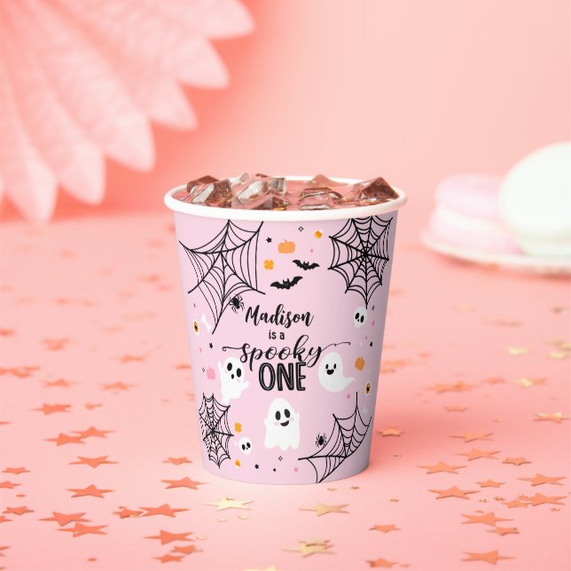 Spooky One Pink Halloween Ghost Paper Cups (Insitu)