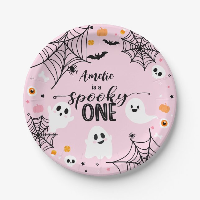 Spooky One Pink Halloween Ghost Paper Plate (Front)