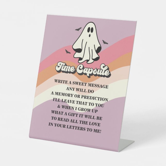 Spooky One Retro Ghost Birthday Time Capsule Pedestal Sign (Front)