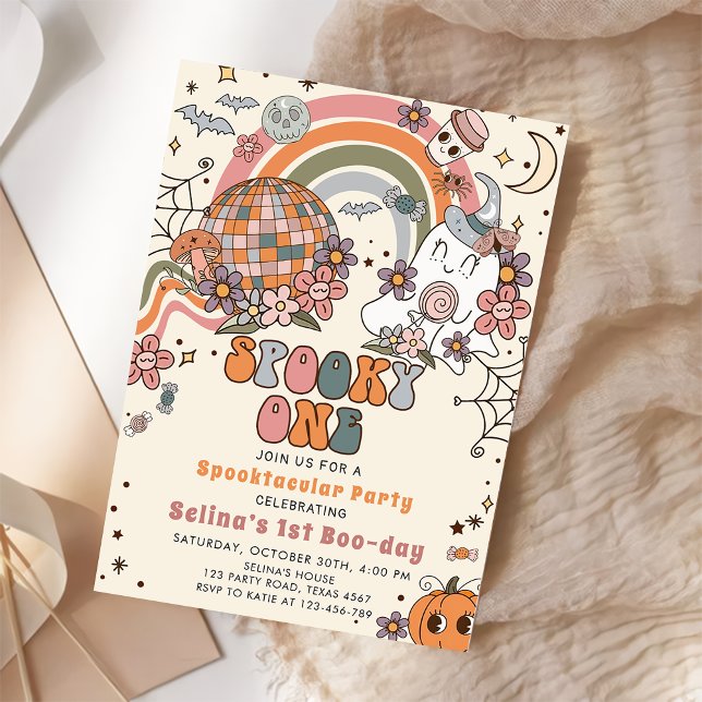 Spooky One Retro Ghost Halloween 1st Birthday   Invitation (Creator Uploaded)