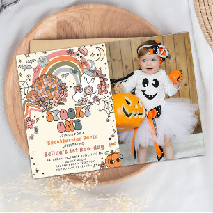 Spooky One Retro Ghost Halloween Birthday Photo Invitation