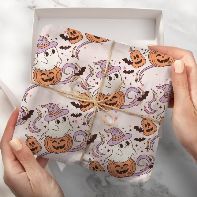 Spooky One Retro Ghost & Pumpkin Pink Halloween Wrapping Paper (Creator Uploaded)