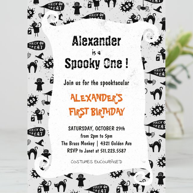 Spooky one Spooktacular Halloween 1st birthday Invitation (Halloween-1st-birthday-Invitation-Spooky-one-Spooktacular-boy-grey-1)