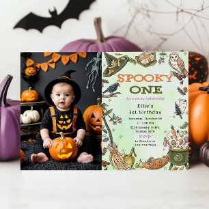 Spooky One Witch Halloween 1st Birthday Photo Invitation