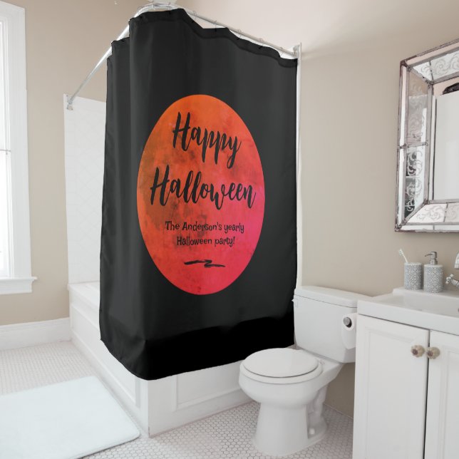 Spooky Orange and Black Full Moon Happy Halloween Shower Curtain (In Situ)