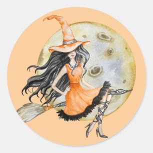 Spooky Orange and Black Watercolor Witch Halloween Classic Round Sticker