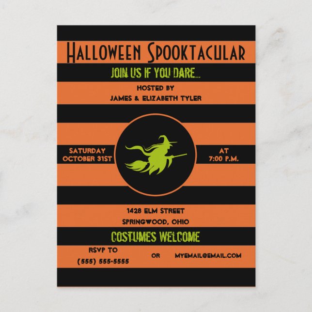 Spooky Orange, Black and Green Halloween Party Invitation Postcard (Front)