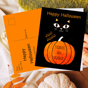 Spooky Orange Black Cat Trick or Treat Halloween Postcard