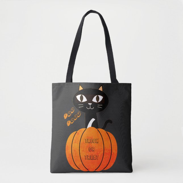 Spooky Orange & Black Cat Trick or Treat Halloween Tote Bag (Front)