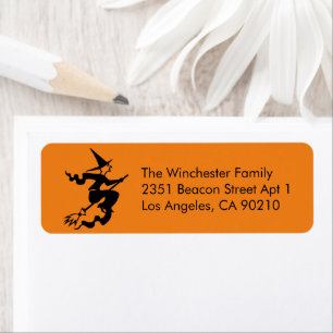 Spooky orange black flying witch Halloween address