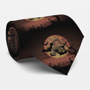 Spooky Orange Harvest Moon Bats and Cemetary  Tie