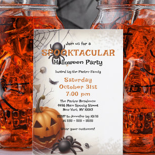 Spooky Orange Pumpkin and Black Spiders Halloween Invitation