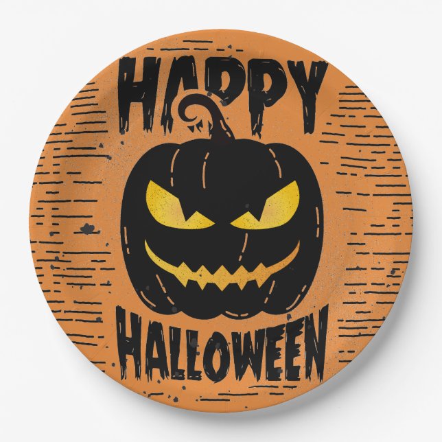 Spooky Orange Pumpkin Black Halloween party Paper Plate (Front)