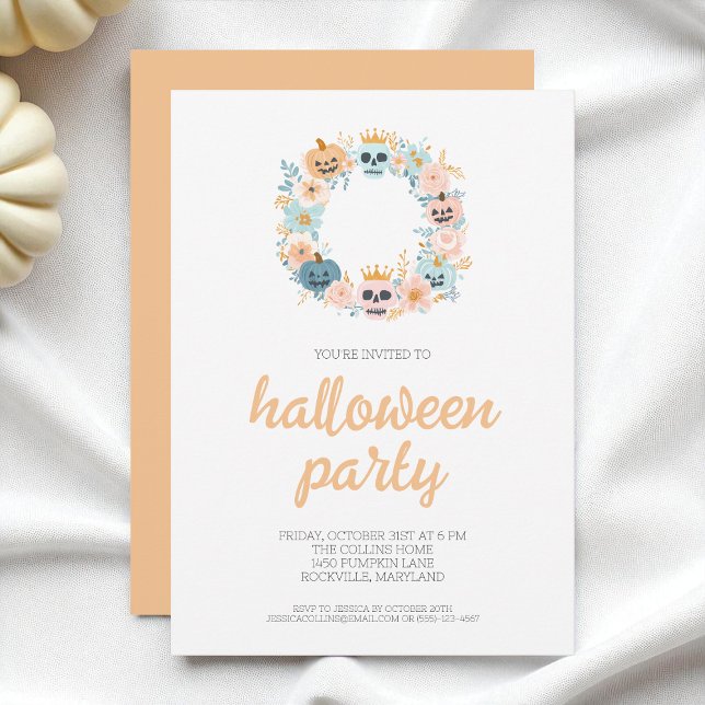 Spooky Orange Skull Floral Wreath Halloween Party Invitation (Spooky Orange Skull Floral Wreath Halloween Party Invitation)