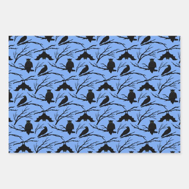 Spooky Owl Bat Halloween Wrapping Paper Set of 3 (Front)