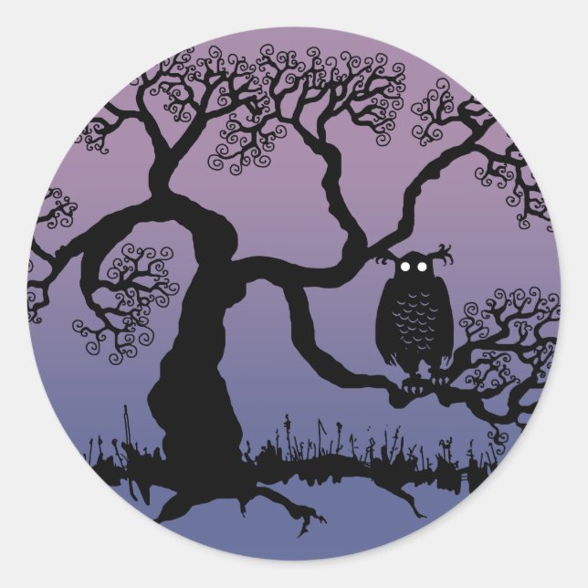 Spooky Owl In Tree Classic Round Sticker (Front)