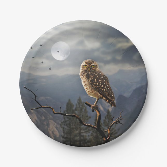 Spooky Owl Moon Graphic Paper Plate (Front)