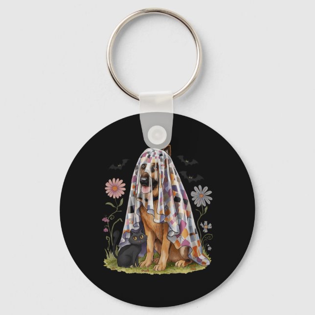 Spooky Patchwork Floral Ghost German Shepherd Dog Key Ring (Front)