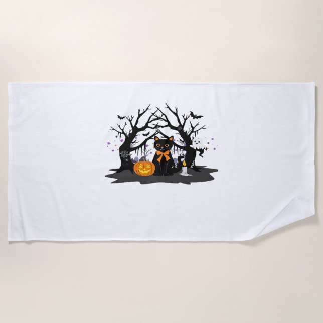 Spooky Paws & Pumpkin Halloween Nights Classic T-S Beach Towel (Front)