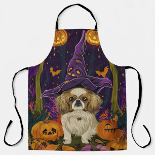 Spooky Pekingese Dog Halloween Witch And Pumpkin  Apron