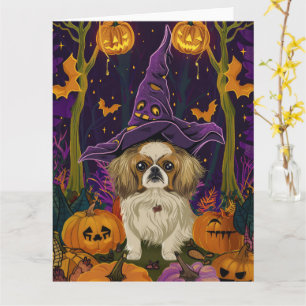 Spooky Pekingese Dog Halloween Witch And Pumpkin  Card
