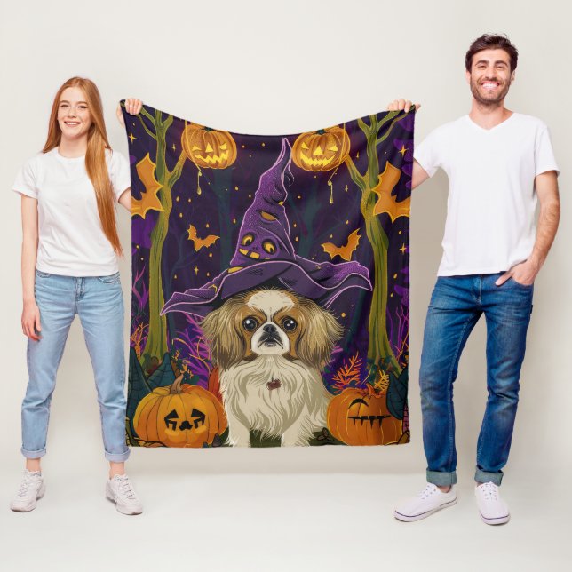 Spooky Pekingese Dog Halloween Witch And Pumpkin  Fleece Blanket (In Situ)