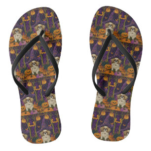 Spooky Pekingese Dog Halloween Witch And Pumpkin  Flip Flops