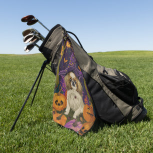 Spooky Pekingese Dog Halloween Witch And Pumpkin Golf Towel