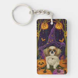 Spooky Pekingese Dog Halloween Witch And Pumpkin Key Ring