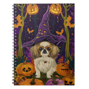 Spooky Pekingese Dog Halloween Witch And Pumpkin Notebook