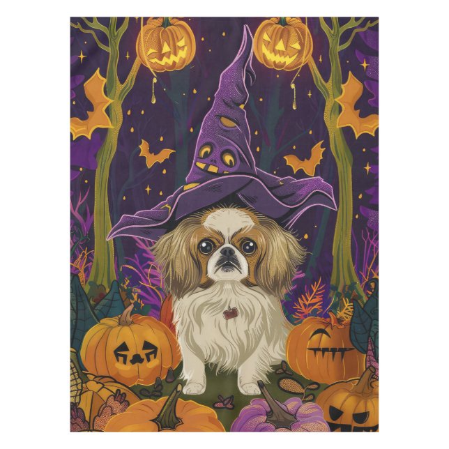 Spooky Pekingese Dog Halloween Witch And Pumpkin  Tablecloth (Front)