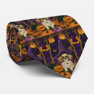 Spooky Pekingese Dog Halloween Witch And Pumpkin Tie