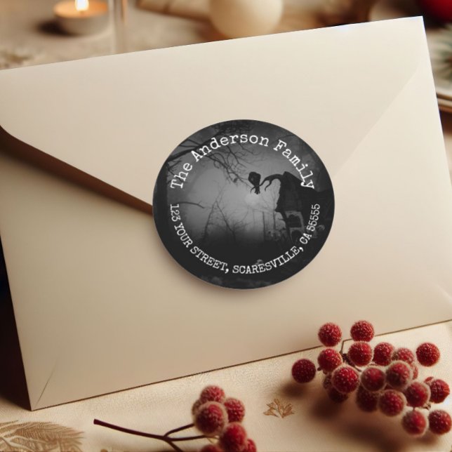 Spooky Personalised Name Black Raven Halloween  Classic Round Sticker (Creator Uploaded)