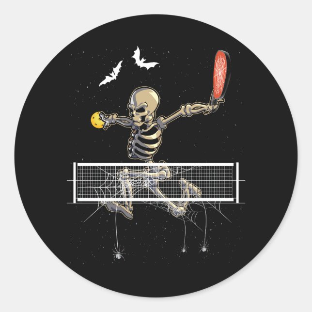 Spooky Pickleball Skeleton Player Fan Halloween Pi Classic Round Sticker (Front)
