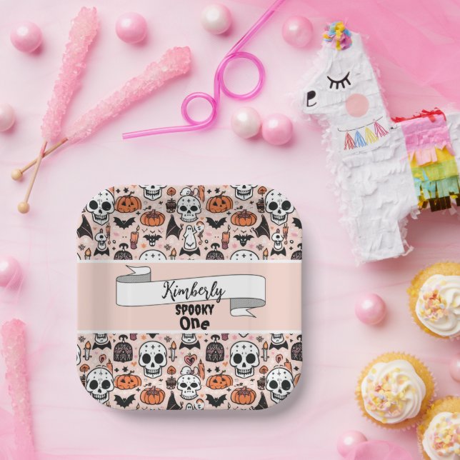Spooky Pink Halloween theme Tile Custom Spooky One Paper Plate (Party)