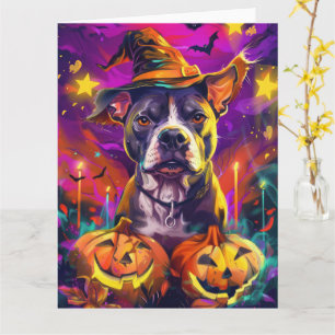 Spooky Pitbull Dog Halloween Witch And Pumpkin  Card