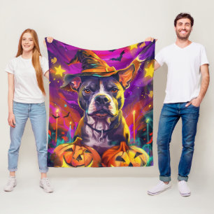 Spooky Pitbull Dog Halloween Witch And Pumpkin  Fleece Blanket