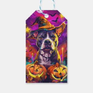 Spooky Pitbull Dog Halloween Witch And Pumpkin Gift Tags